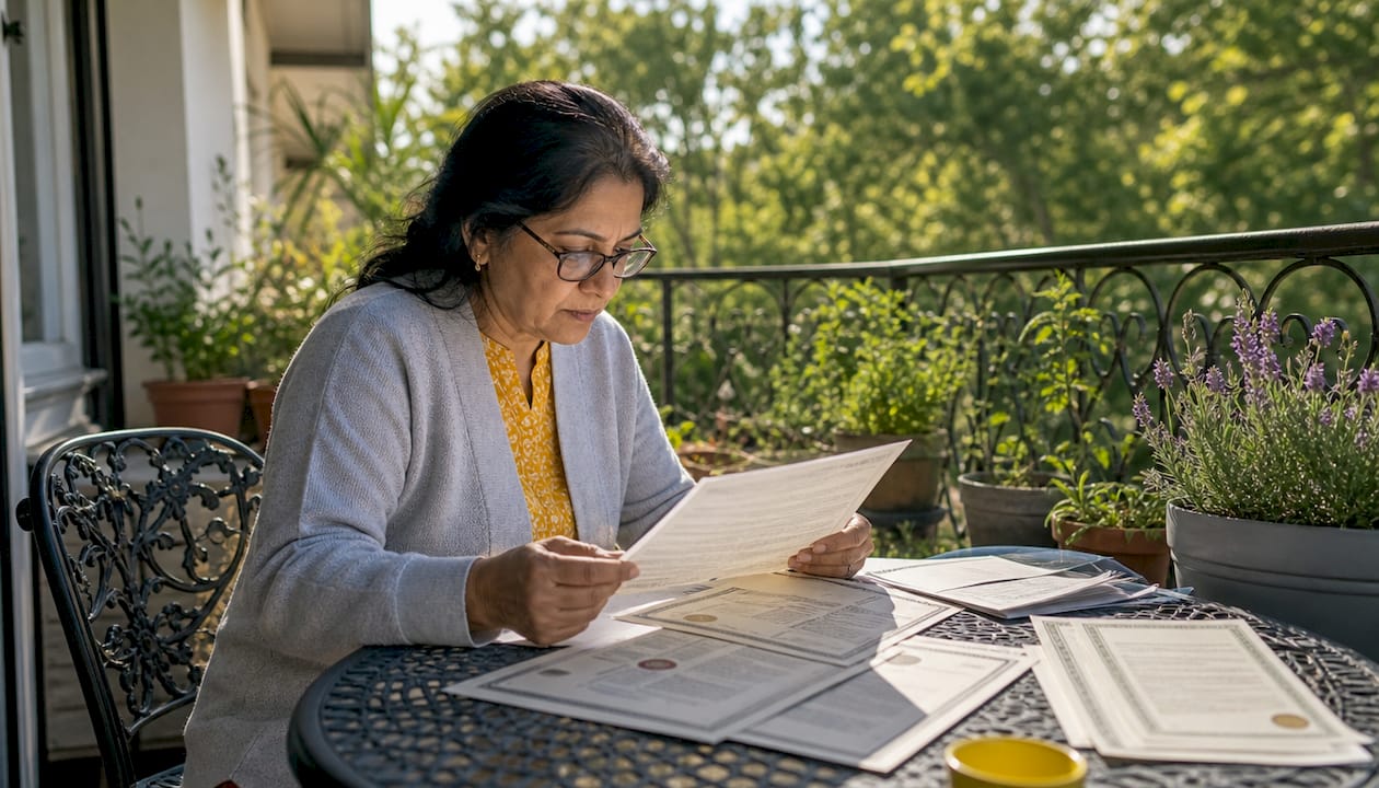 Woman sorting citizenship documents at home desk