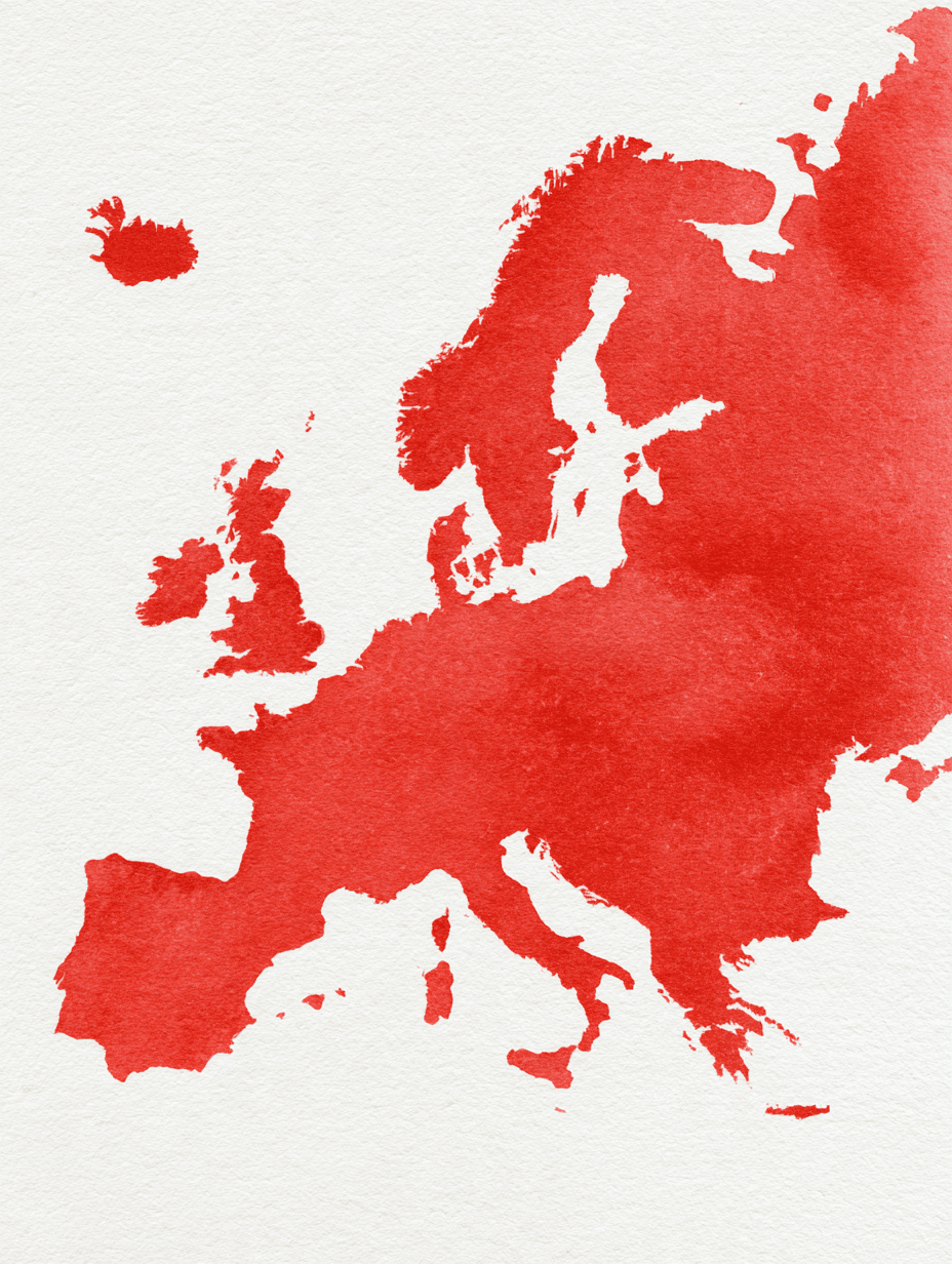 Red watercolor map of Europe, the Old World, where citizenship by descent (jus sanguinis) is the main rule