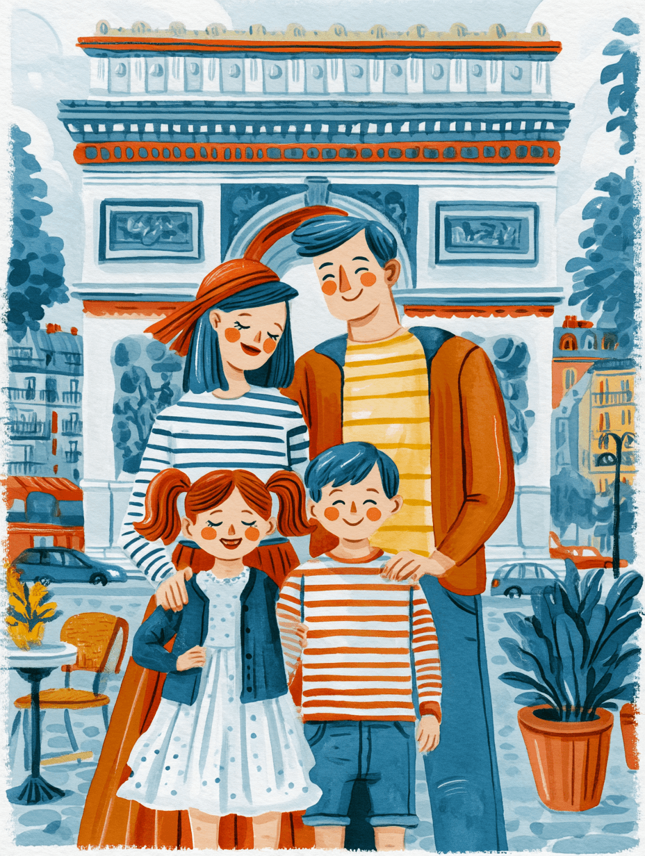 Watercolor illustration of a smiling family of four in front of the Arc de Triomphe in Paris