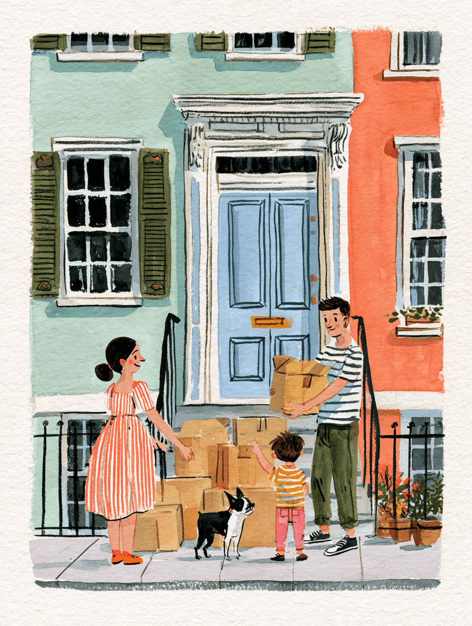 Illustration of a family unpacking boxes in their new home abroad, representing a new life through European and Canadian citizenship