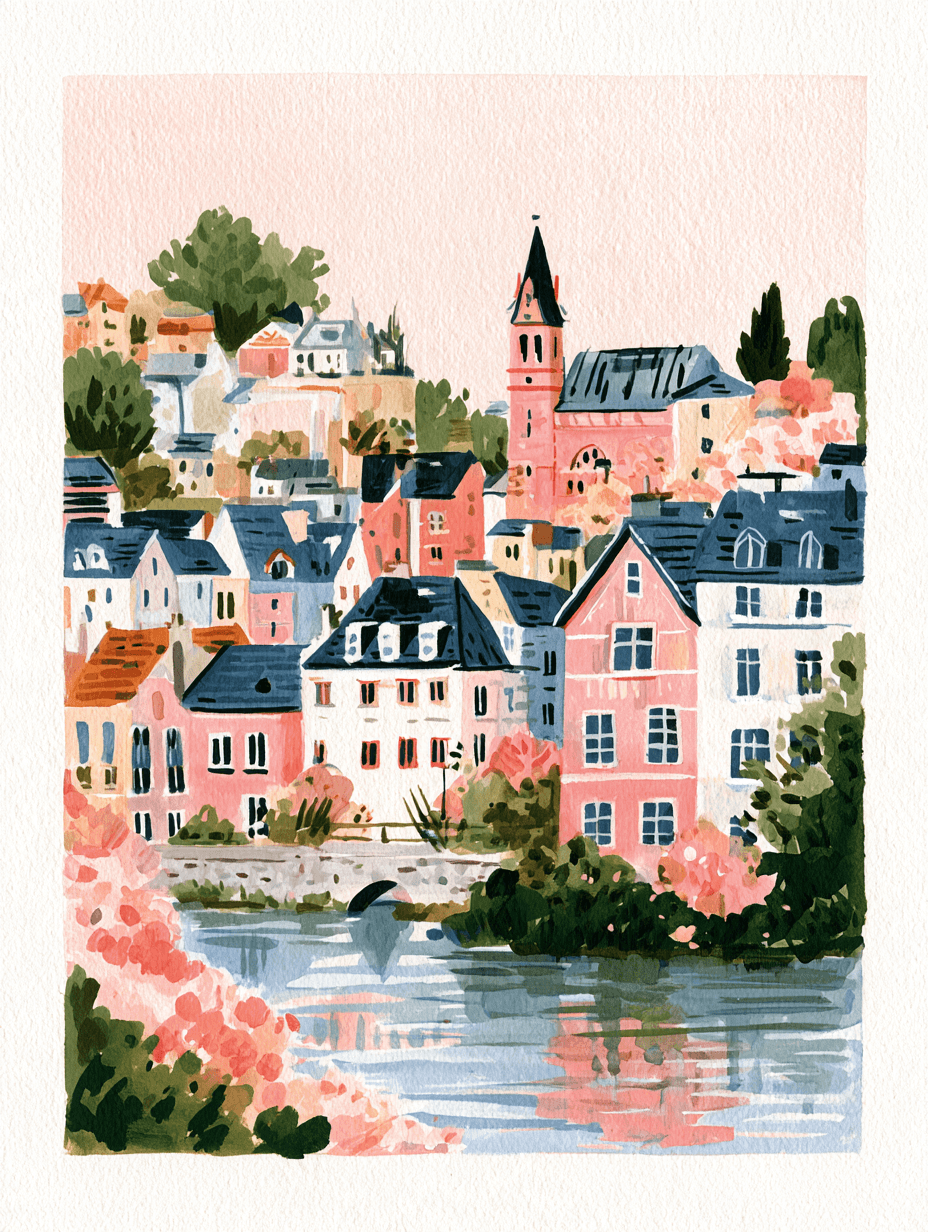 Illustrated Irish riverside town for Irish citizenship by descent