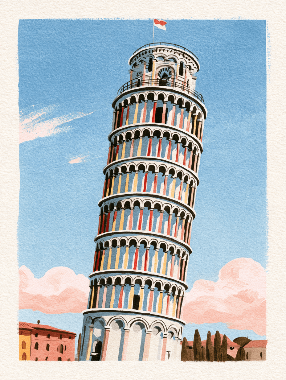 Watercolor illustration of the Leaning Tower of Pisa under a blue sky, representing Italian citizenship by descent