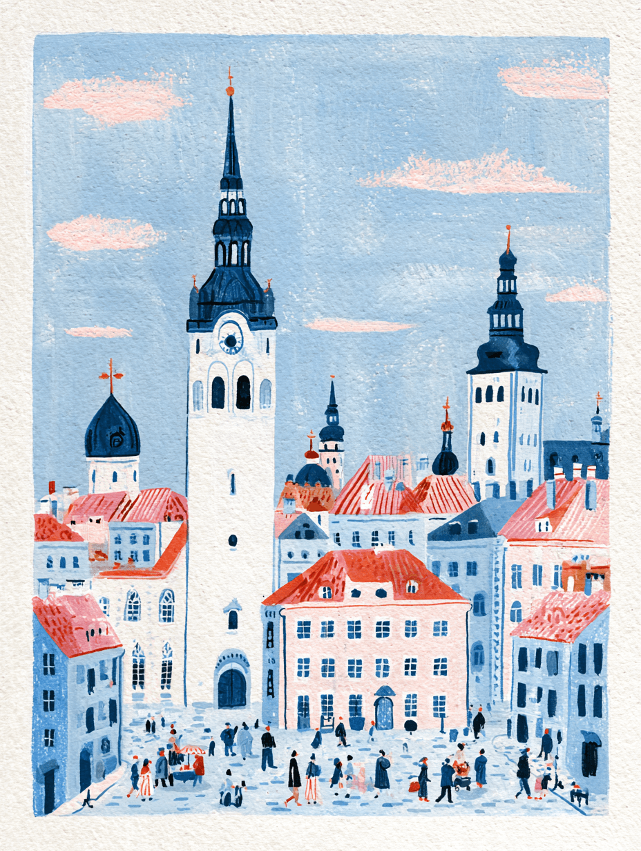 Illustrated old town square with church towers, for Lithuanian citizenship by descent