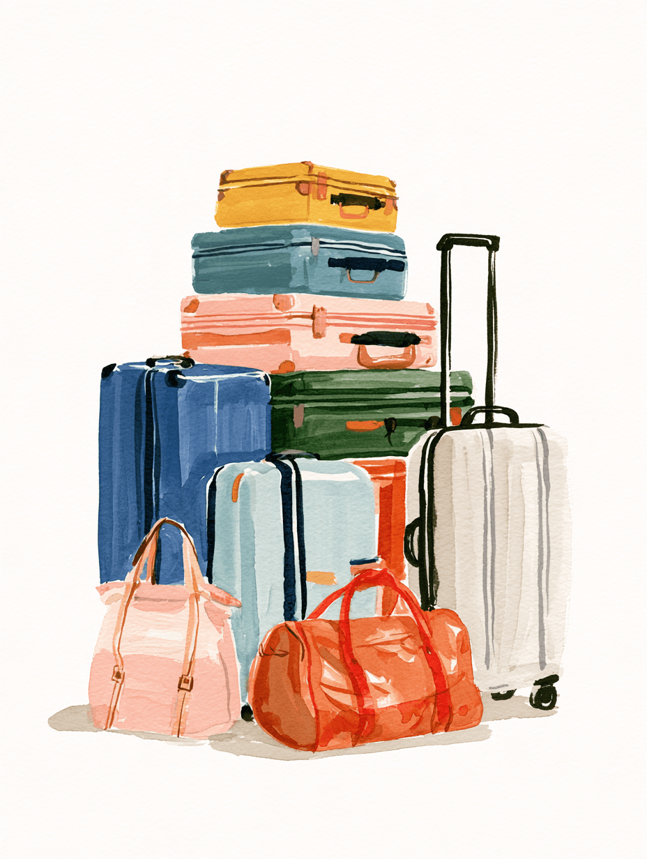 Watercolor illustration of stacked colorful suitcases and travel bags, representing global mobility with a second passport