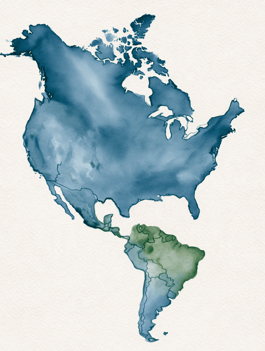 Blue watercolor map of North and South America, the New World, where birthright citizenship (jus soli) is common