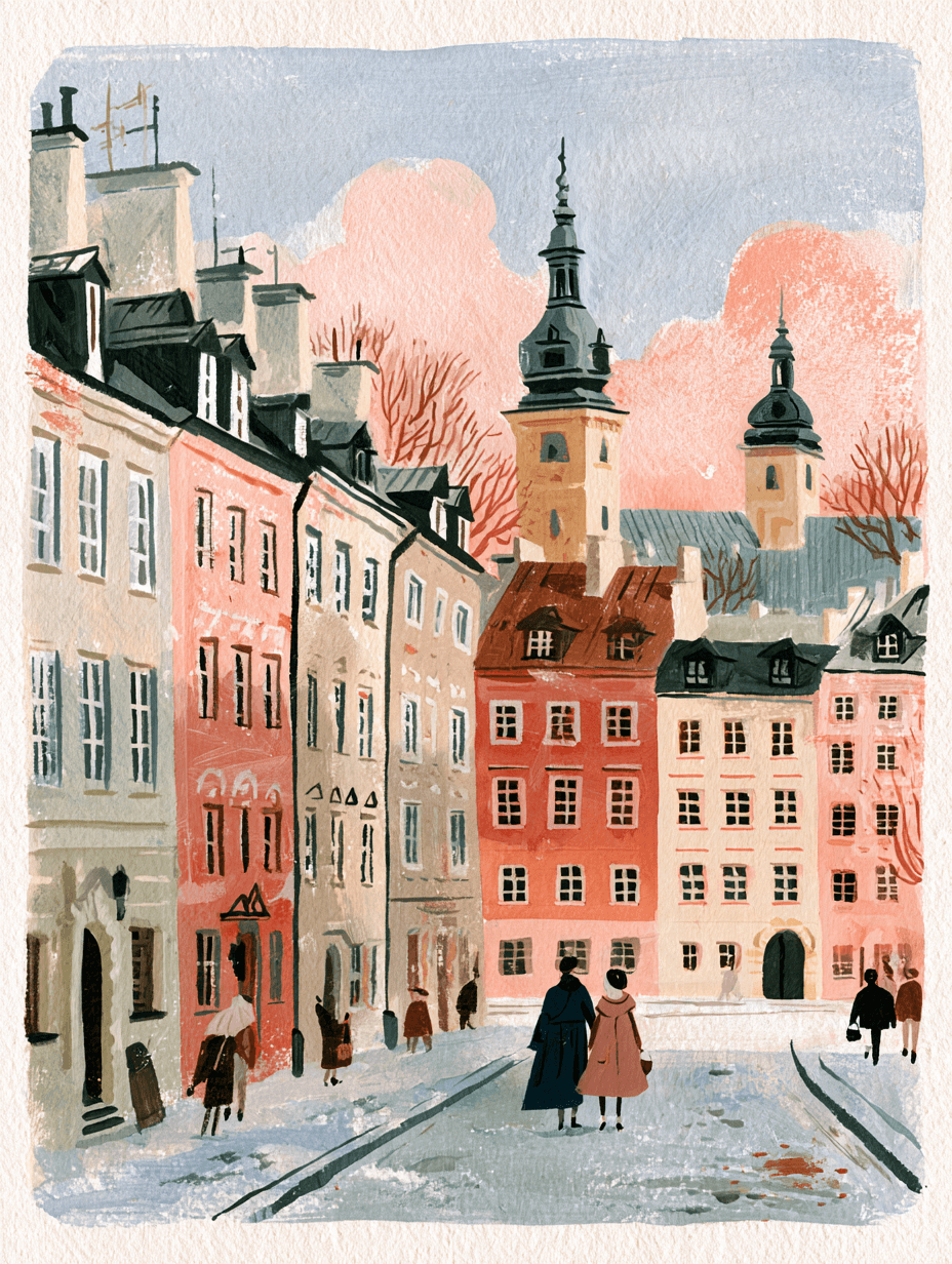 Illustrated Warsaw street for Polish citizenship by descent