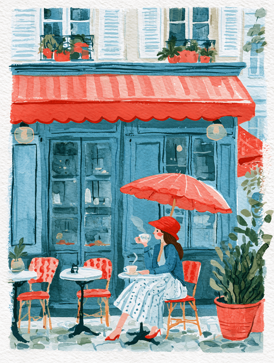 Watercolor illustration of a woman in a red hat sipping coffee at a Paris-style café table under a coral umbrella