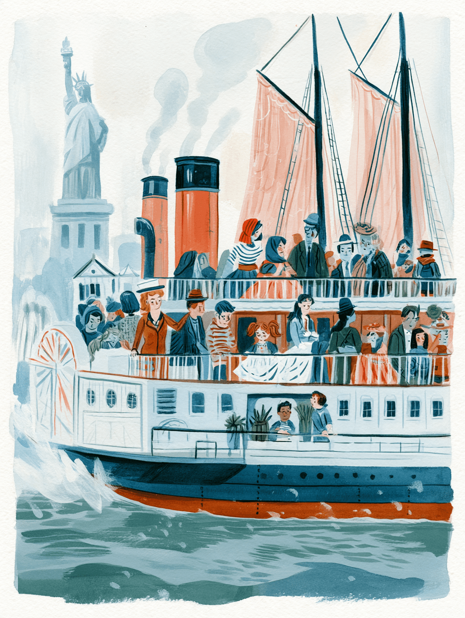 Vintage watercolor illustration of immigrant families aboard a steamship passing the Statue of Liberty